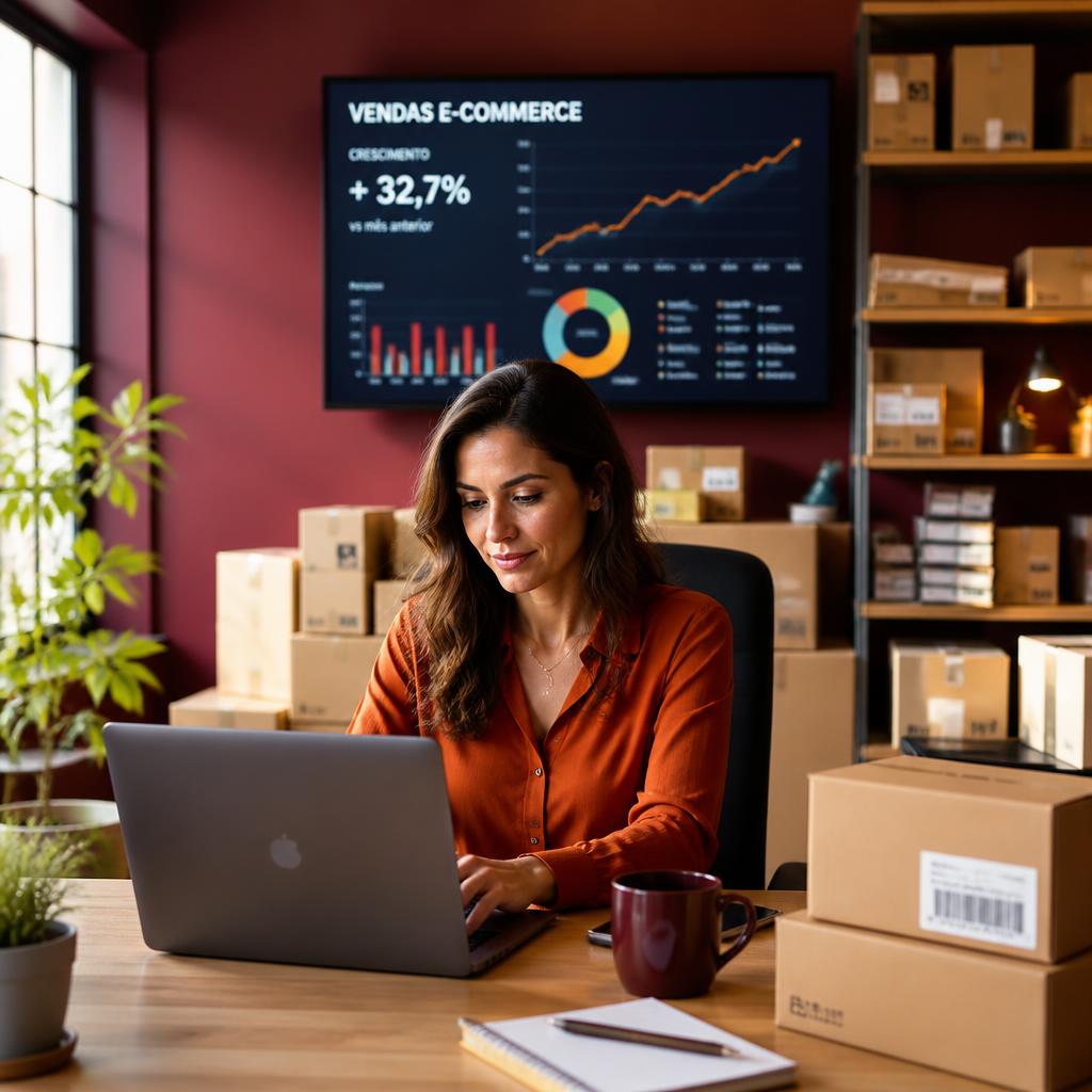 Empreendedora gerenciando loja virtual com gráficos de vendas